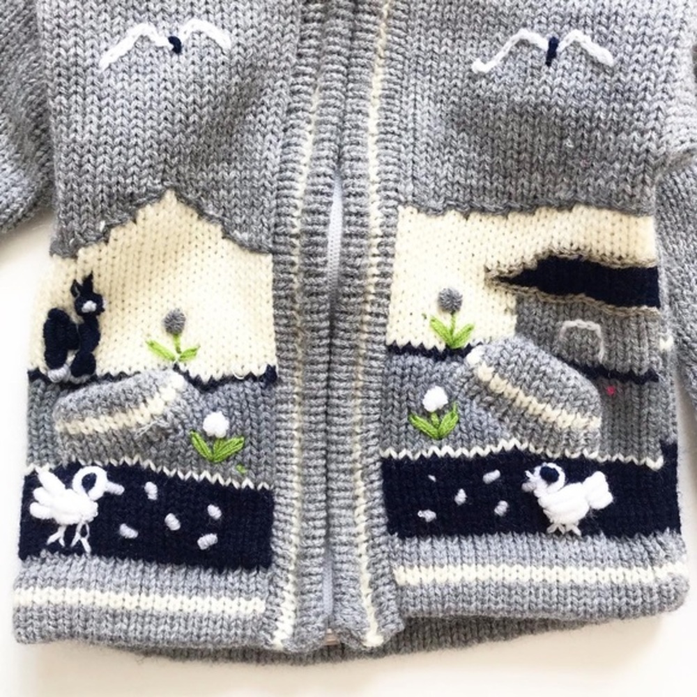 Hand knit farm scene hooded sweater fits like 2/3T - Picture 3 of 4